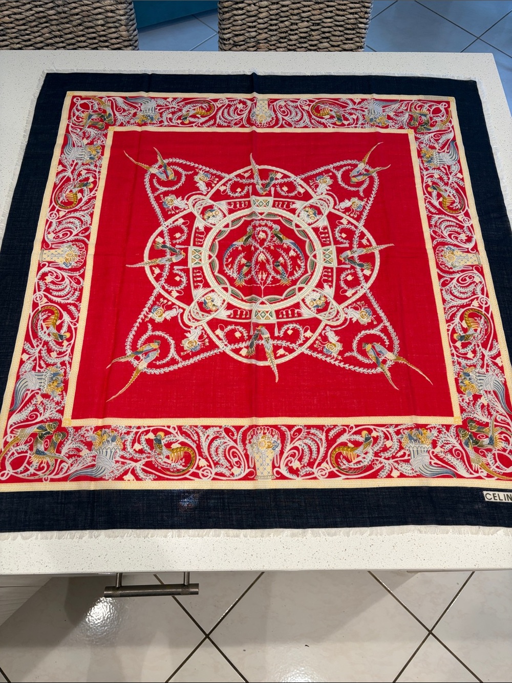 CELINE PARIS - Red Decorative Silk, Cashmere Scarf with Intricate Nautical Medal